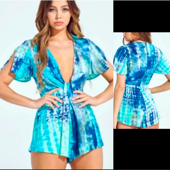 MOD Tie Dye Front Tie Summer Romper Shorts - Picture 1 of 8